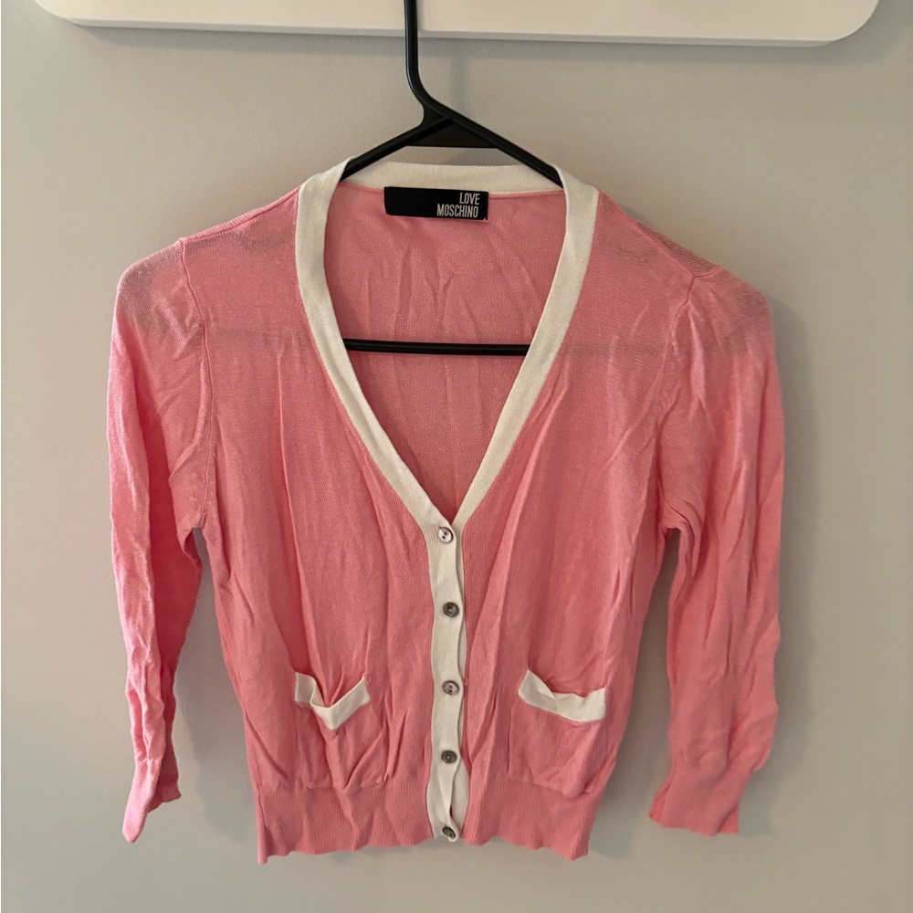 Moschino Pink and White V-Neck Cardigan Sweater